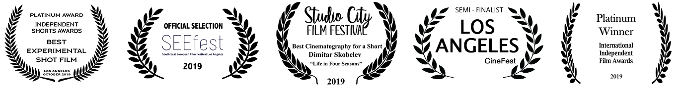 Two film festival awards, each featuring a laurel wreath design. The left award is an 'Official Selection SEEfest South East European Film Festival 2019.' The right award is a 'Semi-Finalist Los Angeles CineFest.'