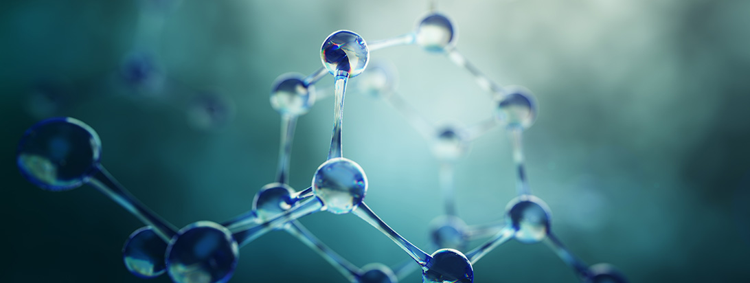 A close-up of a glassy, translucent blue molecular structure with interconnected spheres, against a softly blurred teal and blue background.